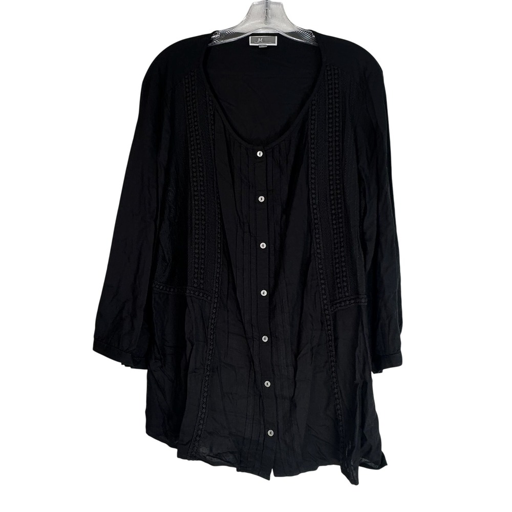 JM Collection Womens XL Black Rayon Embroidered Lace Pintuck Button Tunic Top